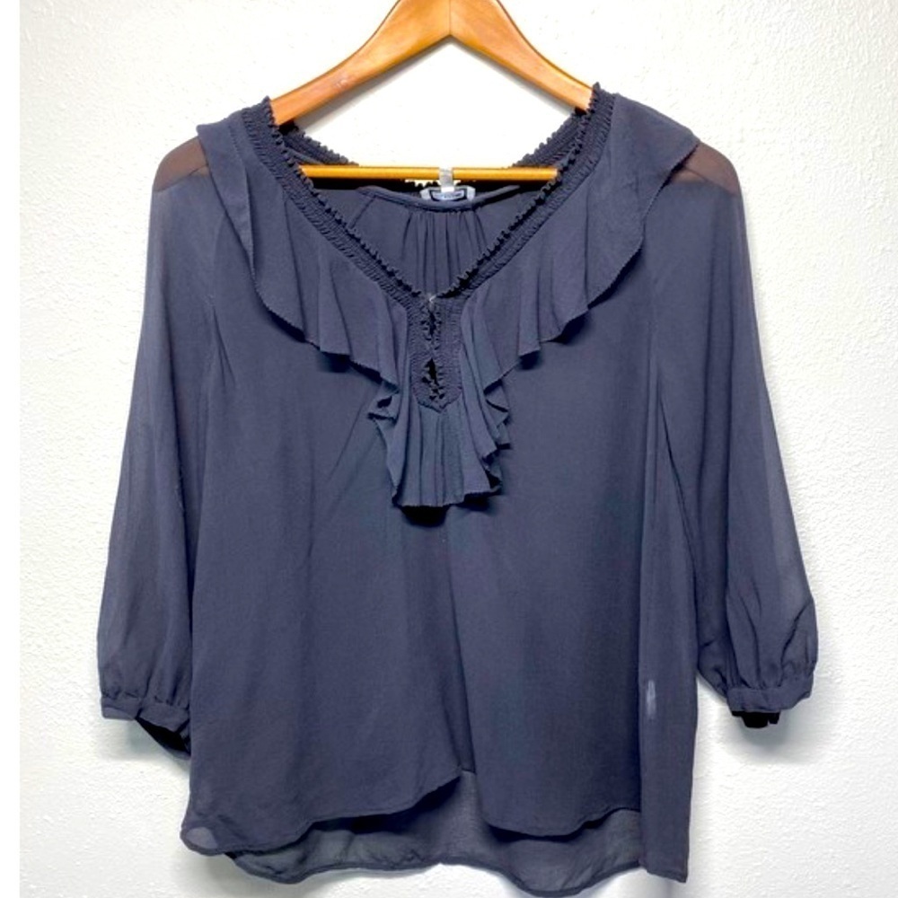 Joie Silk V Neck Ruffle Neckline Womens Blouse Size small grey top shirt
